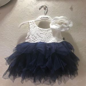 Détail enfants Stéréo fleurs dentelle tulle tutu robes filles dos v-cou tulle gâteau robe enfant marine genou longueur robe de mariée 264s