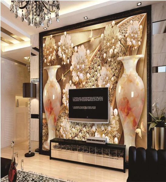 Fond d'écran 3D personnalisé Jade Vase Luxury Diamond Flower Bijoux TV INTÉRIEUR DÉCORATION MUR MURME MURAL DÉCORDE DES MAURDES836743