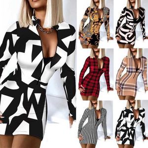 Retail Designer Casual Women Dresses Digital Printed Dress Slim V-Neck Short One Piece Rok