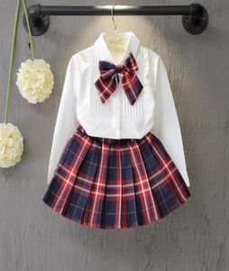 Retail kinderen designer trainingspakken meisjes strikoverhemd geruite rokken 2-delige outfits Koreaanse mode pakken met lange mouwen kinderkleding2045812