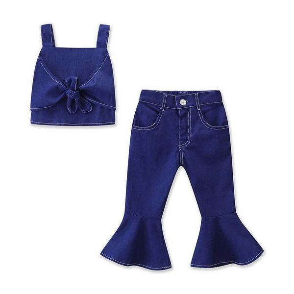 Détail Enfants Filles Tenues Ensembles Vêtements Bowknot Denim Chemise Gilet + Flare Jeans Été Toddler Vêtements E194058 210610