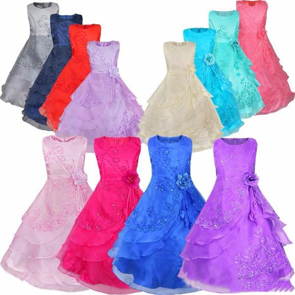 Venta al por menor Nuevos vestidos de flores para niñas con aro en el interior Flor bordada Fiesta Boda Dama de honor Vestidos de princesa Ropa formal para niños