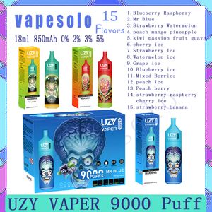 Retail Original Uzy Vaper 9000 Puff Disposable Electronic Cigarette 850 mAh Batterie 15 saveurs 0% 2% 3% 5% 18 ML POD PUDS 9K PENDRE DIPOSIBLE VAPE