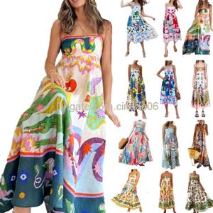 Basis Casual jurken Elegante afdruk kleurrijke lange jurk vrouwen hoge taille spaghetti riemen backless sexy dames zomers strand vacteur gewaad