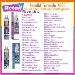 RandM Tornado 7000 Puff jetable Vape Pen Cigarettes électroniques 14 ml Pod Mesh Coil 6 couleurs brillantes dispositif rechargeable à air réglable 7k Puffs Vape Pen