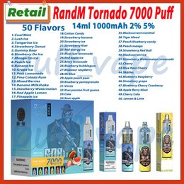 Randm Tornado 7000 bouffées de cigarette électronique jetables, 50 saveurs, batterie rechargeable de 1000mAh, bobine de maille de 14ml, stylo vape 7k