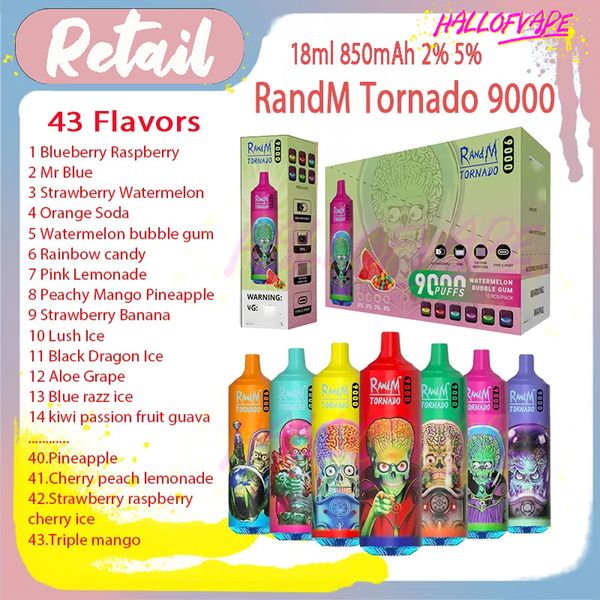 RandM Tornado 9000 Puff jetables E cigarettes 0.8ohm Mesh Coil 18ml Pod batterie rechargeable électronique Cigs Puff 9K 0% 2% 3% 5% RBG Light Vape Pen