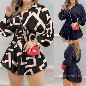 Détail Printemps Automne Nouveau Designer Femmes Mode Robe Chemise Robes Tempérament Banlieusard Imprimer Taille Rides À Manches Longues Blouses Tops Dames Tenues