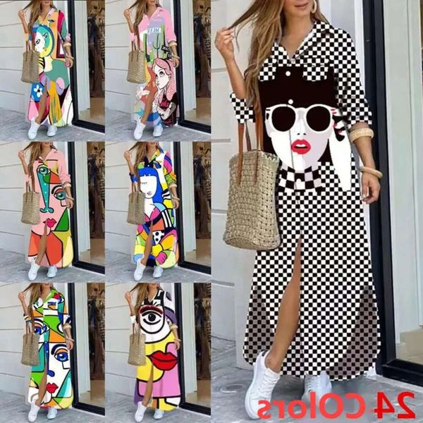 Venta al por menor primavera otoño mujeres Maix vestidos estampados de manga larga vestido Casual botón bolsillo falda larga 24 colores 61