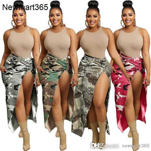 RETAIL Summer Denim Dress Femmes Designer Vêtements Nouveau Casual Camouflage Impression Grande Poche Split Jupe Mi-longue Sans Chaîne