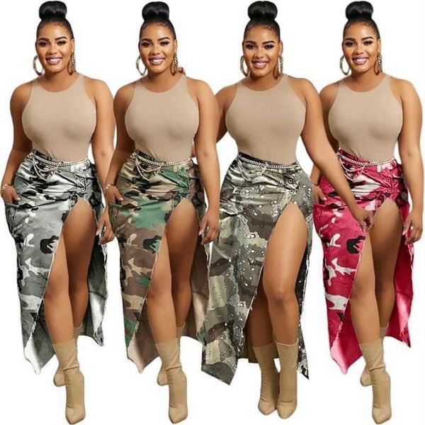 RETAIL Summer Denim Dress Femmes Designer Vêtements Robes Nouveau Casual Camouflage Impression Grande Poche Split Jupe Mi-longue Witho234T