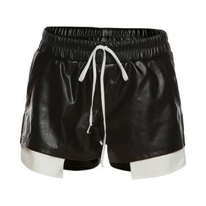 Détail été femmes PU cuir Shorts sous-vêtements nouvelle mode contraste couleur à lacets taille haute sac hanche serré décontracté pantalon court