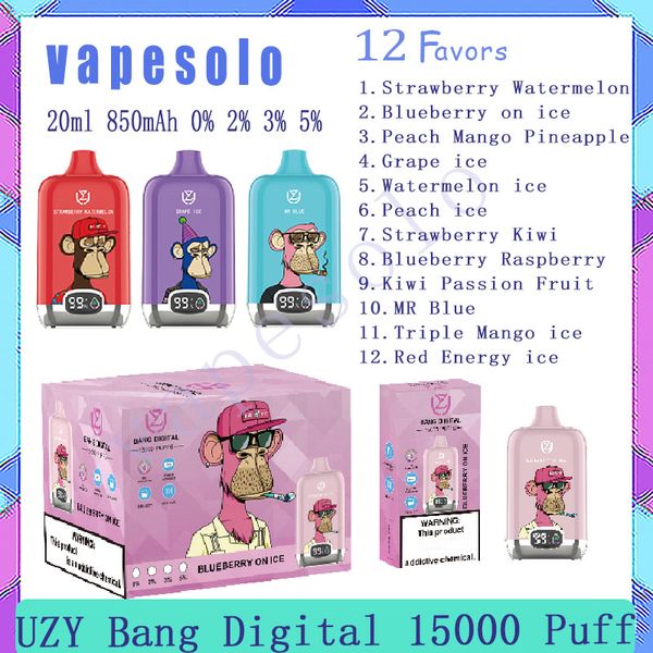 Vente au détail UZY Bang Digital 15000 Puff jetables E cigarettes Puffs 15 k 20ML stylo vape liquide prérempli 850 mAh rechargeable vaporisateur de batterie 12 saveurs