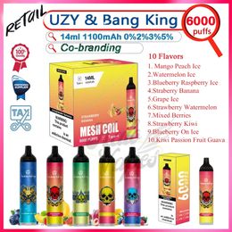 Detailhandel UZY Bang King 6000 Bladerdeeg Wegwerp elektronische sigaret 14 ml Voorgevulde peulen 850mAh oplaadbare batterij 10 smaken 0% 2% 3% 5% Niveau Rookwolken 6k Vape Pen