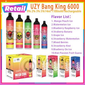 Vente au détail UZY Bang King 6000 Puff Jetable E Cigarettes 0.8ohm Mesh Coil 14ml Pod Batterie Rechargeable Électronique Cigs 0% 2% 3% 5% 6k Puffs Vapor Kit