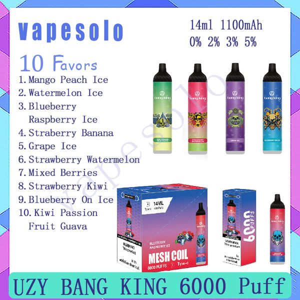 Vente au détail UZY BANG KING 6000 Puff Jetable E Cigarettes Puffs 6k 14 ml Stylo Vape Liquide Prérempli 1100 mAh Rechargeab le Vaporisateur de Batterie 10 Saveurs
