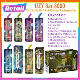 Vente au détail UZY Bar 8000 Puff Cigarettes électroniques jetables 1.0ohm Mesh Coil 18ml Pod Batterie Rechargeable Cigs électroniques 0% 2% 3% 5% 8k Puffs Vape