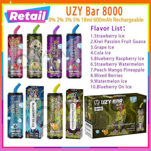 Venta al por menor UZY Bar 8000 Puff Cigarrillos electrónicos desechables 1.0ohm Bobina de malla 18 ml Pod Batería Recargable Cigs electrónicos 0% 2% 3% 5% 8k Puffs Vape