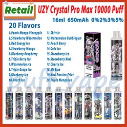 Vente au détail UZY Crystal Pro Max 10000 Puff E Cigarette jetable 20 saveurs 650mAh Batterie rechargeable 16 ml Pod pré-rempli 10k Puffs Vape Pen Kit