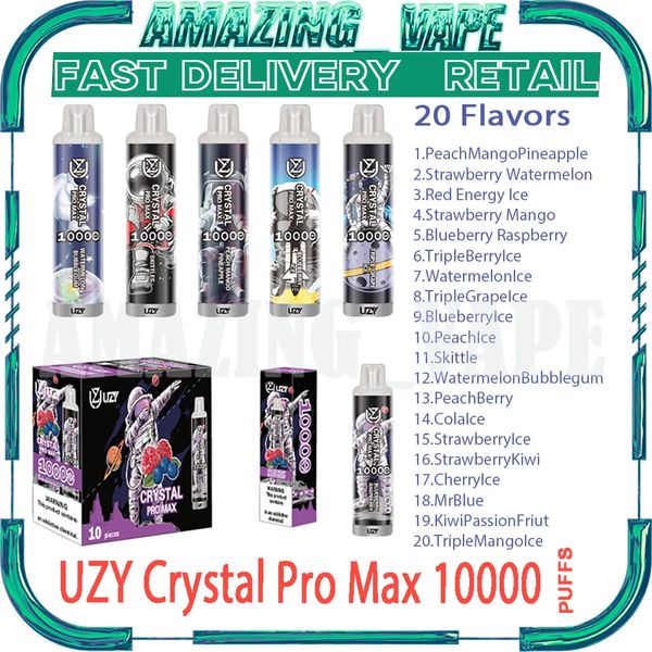 Vente au détail UZY Crystal Pro Max 10000 Puff Stylo vape jetable 0% 2% 3% 5% RBG Bobine de maille légère 16 ml Pod Batterie rechargeable 1,2 ohm Cigs électroniques Puff 10K Vape Pen