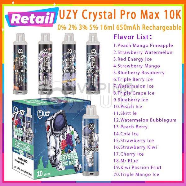 Vente au détail UZY Crystal Pro Max 10000 Puff jetable Vape Pen rechargeable 650mAh batterie Vaper 0% 2% 3% 5% 16 ml prérempli Pod RGB Light 20 saveurs 10k Puffs vaporisateur dispositif