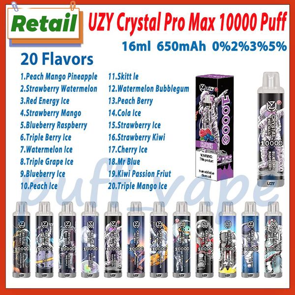 Venta al por menor UZY Crystal Pro Max 10000 Puff Desechable E Cigarrillo 20 Sabores 650mAh Recargable Bettery 16ml Pod precargado 10k Puffs Vape Pen Kit