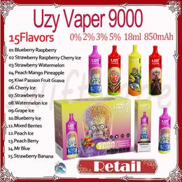 Retail UZY Vaper 9000 Bladerdeeg Wegwerp E-sigaret 850mAh Oplaadbare batterij 15 smaken 18ml 0% 2% 3% 5% 9k Rookwolken Vape Pen