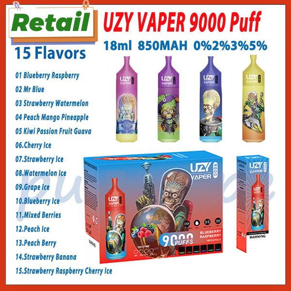 Vente au détail UZY Vaper 9000 Puff Jetable E Cigarettes Mesh Coil 18 ml Pod pré-rempli 850 mAh Batterie Cigs électroniques 15 Saveurs 0% 2% 3% 5% 9k Puffs Vape Pen Kit