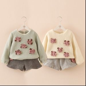 Retail Winter Style Cute Girls Thicken Warm Clothing Sets Children Long Sleeve Flower Pullover Tops+Shorts 2pcs Set Kids Suits Girl Outfits