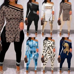 Retail Vrouwen Designer Gedrukt Tweedelige Broek Outfits Sexy Off Schouder Split T-shirt Leggings Pak Bijpassende Sets2215