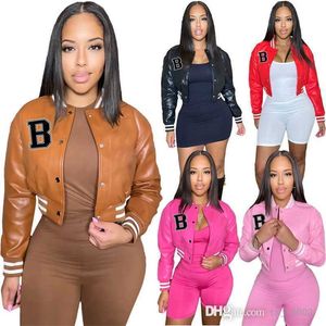 Retail Dames Leren Baseball Jassen Designer Stand Kraag Hip Hop Crop Tops Schroefdraad Stretch Korte Jas Winter Winddichte Top