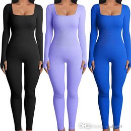 Détail Femmes Yoga Combinaisons Designer Slim Rib Sexy Onepiece Vêtements Solide Automne Fileté Col Carré Hip Levage Barboteuses