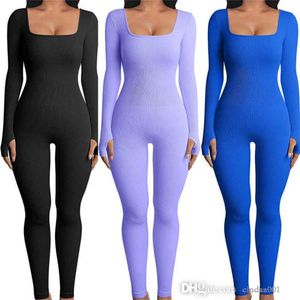 Retail Women Yoga Jumpsuits Designer Slim Rib Sexy Onepiece kleding Solid herfst schroefdraad vierkante nek heup heup liften