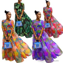 Retail dames kleding nieuwe mesh geprinte jurk modieuze digitale printdansjurken