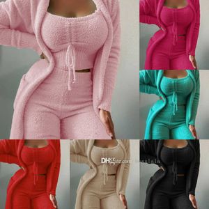 Ensembles de survêtement pour femmes au détail mode décontracté en peluche à lacets Cardigan 3 pièces pantalon ensemble nouveaux vêtements d'automne et d'hiver 3XL