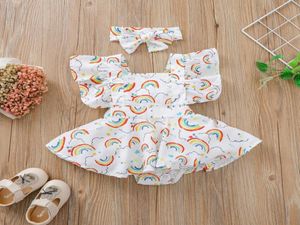 Retailwhole Baby Girl Rainbow Gedrukt Romper met booghoofdband 2pcs Set Kids Lotus Leaf Sleeve Onepiece onesies jumpsuit chi8446948