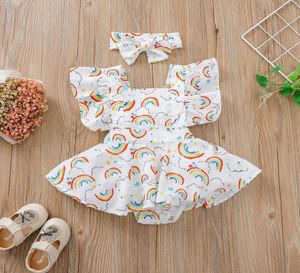 Retailwhole Baby Girl Rainbow Printed Romper met booghoofdband 2pcs Set Kids Lotus Leaf Sleeve Onepiece onesies jumpsuit chi8589527