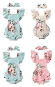 Retailwhole Baby Girls Floral Romper With Bow Headband 3 Colors Pasgeboren baby Kinderen Fly Sleeve Princess Onepiece onesies JUM2891227