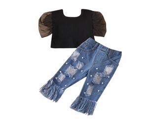 Retailwhole fille noir tee perle jeans survêtement ensembles de vêtements 2pcs ensemble tophole gland pantalon filles tenues enfants designers6681838