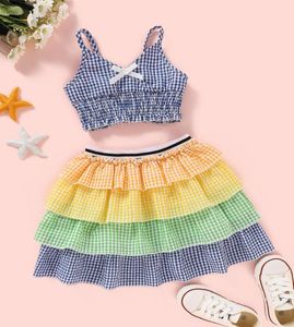 Retailwhole meisje kleurrijke plaid jurk tracksuit kleding sets 2 stks set boogvestplated rok meisjes outfits kinderen des2871885