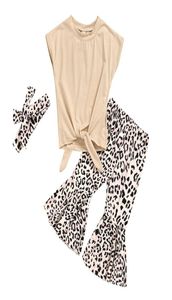 Retailwhole meisje topleopard Flare broek 3 stuks set met strik hoofdband trainingspak Kleding Sets meisjes outfits kinderen Ontwerpers 8796787