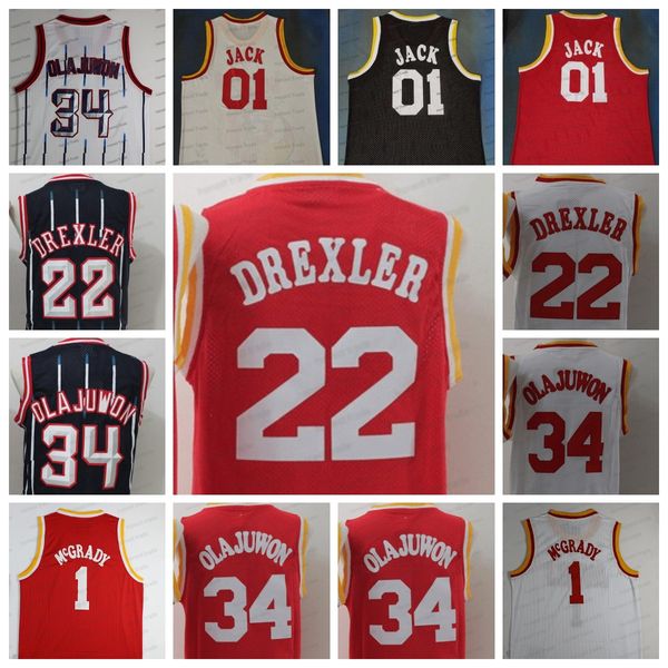 Reteo 34 Hakeem Olajuwon Wit Zwart Gestreept Heren Basketbalshirt 1 Tracy 01 JACK McGrady Wit 22 Clyde Drexler Rood Throwback Jerseys Gestikte Shirts S-XXL