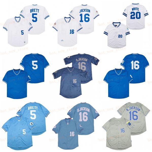 Retraité 16 Bo Jackson Baseball Jersey 5 George Brett 20 blanc 1985 1987 Vintage rétro Cooperstown Mesh