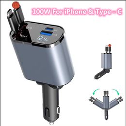 Chargeur de voiture rétractable Auton Laturi 100W Câbles rétractables Autolader Cargador de Carro Pengisi Daya Mobil 4 en 1 Car Charger pour iPhone 15 et Type - C