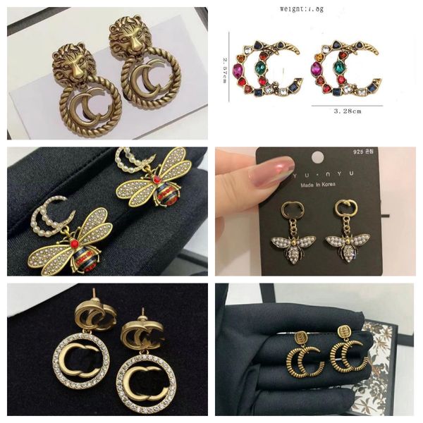 Rétro 18K Plaqué Or Marque De Luxe Designers Lettres Stud Clip Chaîne Géométrique Célèbre Femmes Coeur Cristal Strass Perle Boucle D'oreille De Mariage Bijoux De Fête