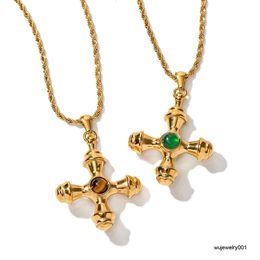 Retro 18K PVD Vergulde Gedraaide Lange Ketting Roestvrij Staal Ingelegd Agaat Edelsteen Kruis Hanger Ketting Voor Vrouwen