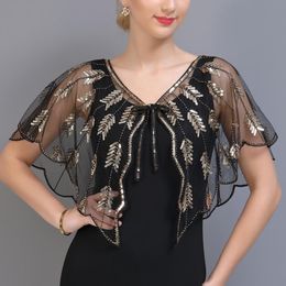 Retro 1920s kralen wrap paillin sjaal sjaal vintage flapper avond cape pure mesh borduurgordijn blad vrouwen bolero feestaccessoires