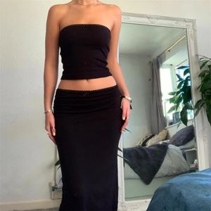 Retro 2-delige lange leren set voor dames schattige spaghetti schouderband crop Cami Maxi Midi skiën Y2k tweedelig strandpak 240210