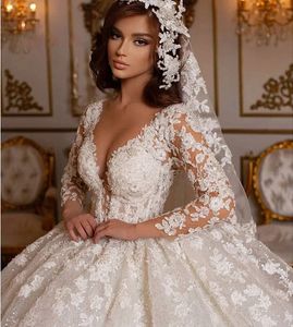 Rétro 2022 Robes De Mariée En Dentelle Princesse Robe De Bal Perles Robes De Mariée Shinny Manches Longues Ivoire Dubaï Vestidos De Noiva Mariage