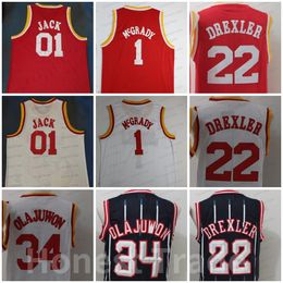 Retro 22 Clyde Drexler Baloncesto Jersey 1 Tracy 34 Hakeem Olajuwon 01 JACK Blanco Rojo Mens Vintage Jerseys Cosido Jersey Throwback